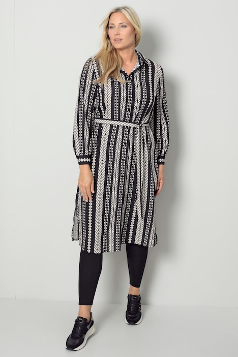 Midikleid, Straight Fit, grafisches Muster, Langarm