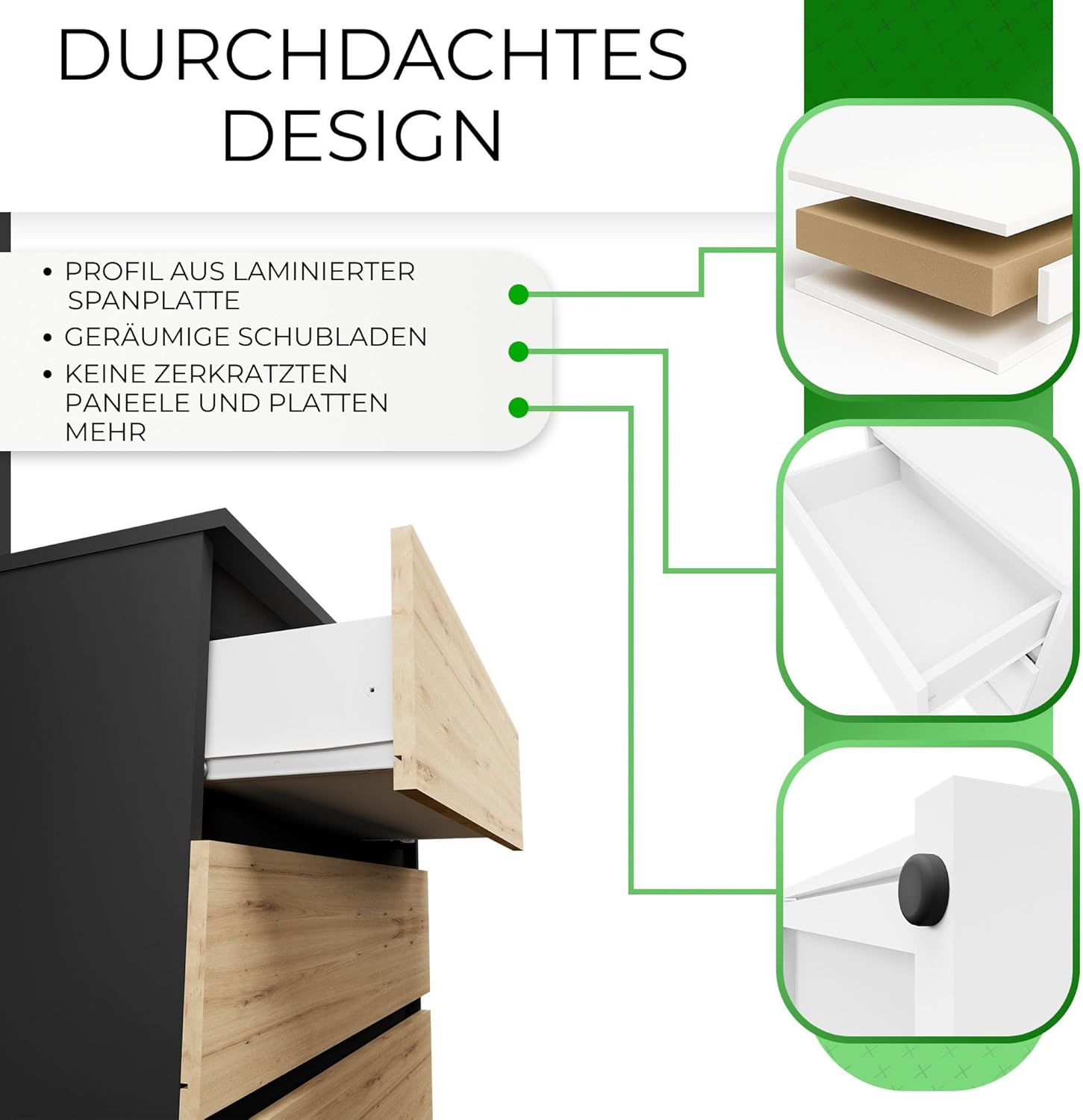 CDF Kommode Anthrazit Artisan mit 4 Schubladen 97 cm Hoch Sideboard Schmale Komode Schlafzimmerkommode für Flur Büro Schlafzimmer Wohnzimmer Schubladenschrank Regal mit Schubladen Schrank Möbelstück