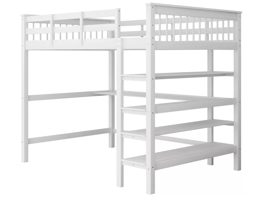 Lit mezzanine 140 x 200 cm - bureau + étagères de rangement - pin et MDF - blanc