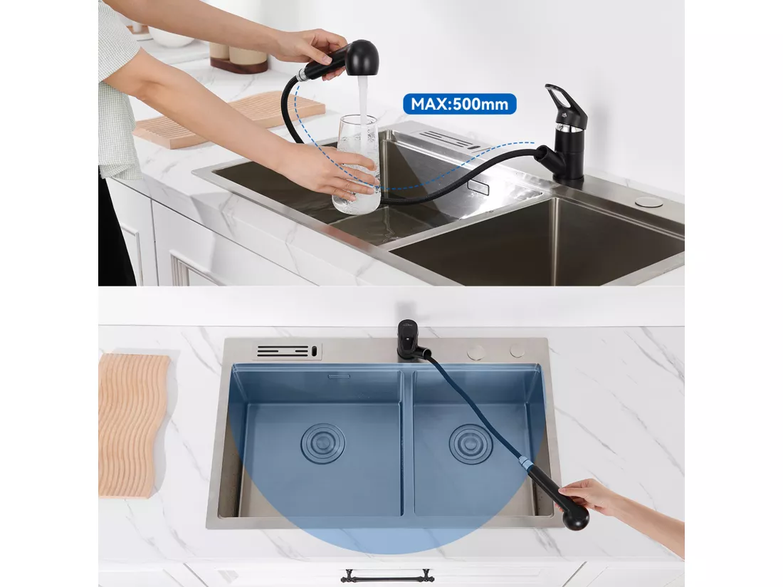 Mitigeur de Cuisine Noir avec Douchette Extractible 2 Jets Robinet Évier à 360° en Laiton Robinetterie avec Monotrou L'eau Froide et Chaude