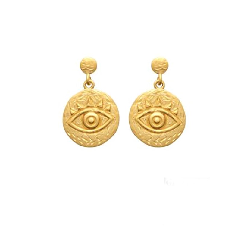 Boucles d'oreilles médaille ronde avec un oeil ciselé en plaqué or mat