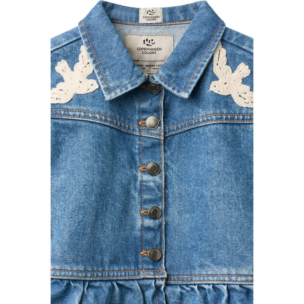 Køb COPENHAGEN COLORS Indigo Blue Washed Denim Flæse Jakke W. Crochet Doves