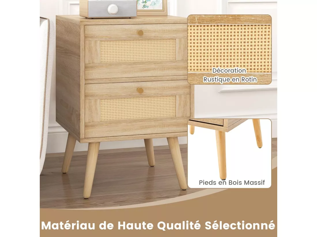 Table de Chevet en Rotin, Table de Nuit Bois avec 2 Tiroirs et 4 Pieds en Pin, Porte Cannage, Table d'appoint scandinave pour Salon, Chambre, Style Bohème, 40 x 40 x 59 cm (1, 40x40x59cm)