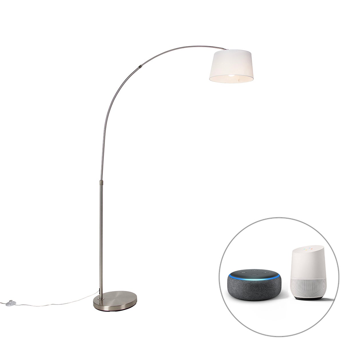 QAZQA - Moderne slimme booglamp staal I zilver I mat nikkel met witte stoffen kap incl. WiFi A60 - Arc Basic I woonkamer - rond staal - LED-compatibel E27