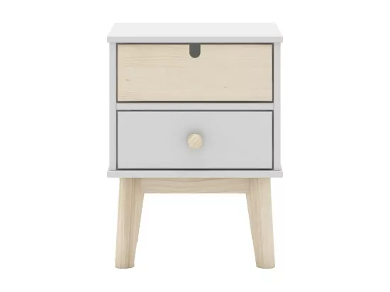 KAINA - Pack Lit 90x190cm + Chevet 2 Tiroirs + Commode 4T Coloris Blanc et Naturel