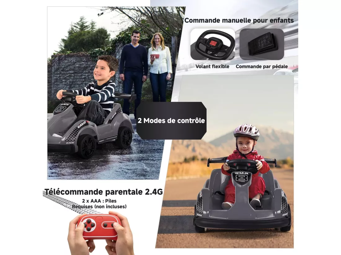 HOMEMIYN Kart électrique, voiture de course 6V à batterie avec télécommande, ceinture de sécurité, démarrage lent, musique, véhicule électrique à 4 roues pour enfants, cadeau pour garçons et filles (noir).