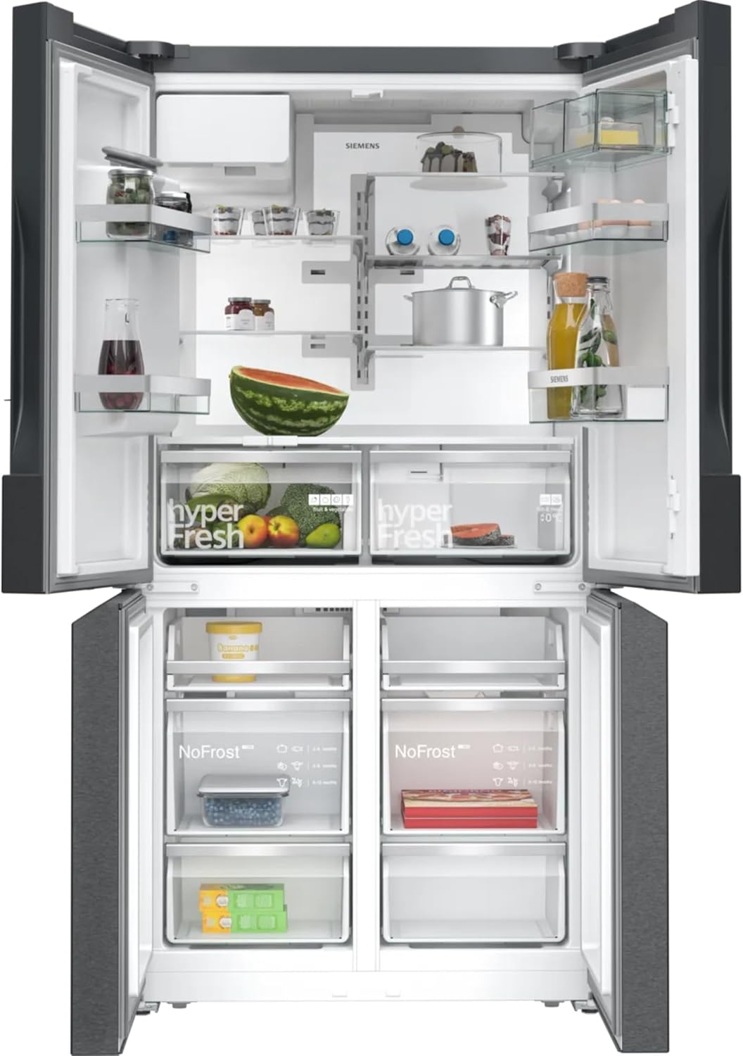 Siemens KF96DPXEA iQ700 Kühl-Gefrier-Kombination, 183 x 90,5 cm, 574 L Kühlen + 199 L Gefrieren, noFrost, hyperFresh 0 Grad, LED-Licht, Beleuchtete Glasrückwand mit multiAirflow