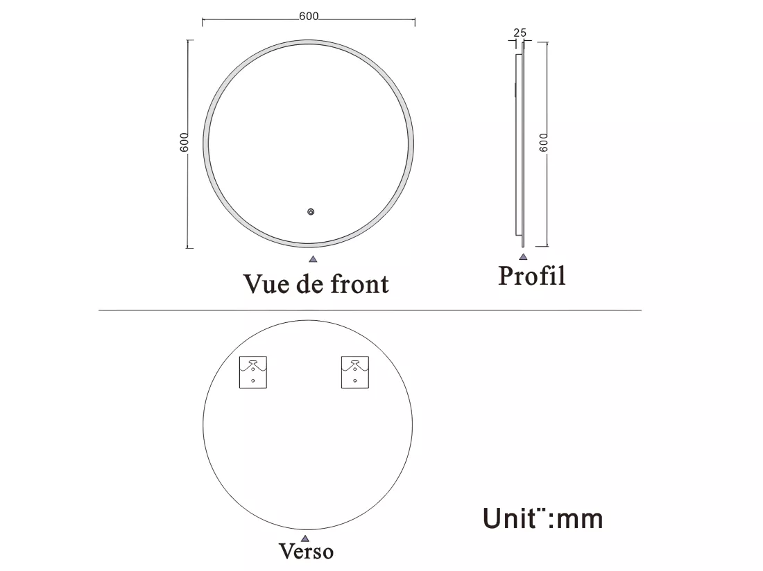 Miroir de salle de bain rond avec LED, anti-buée Miroir mural à simple contact-60cm Aica