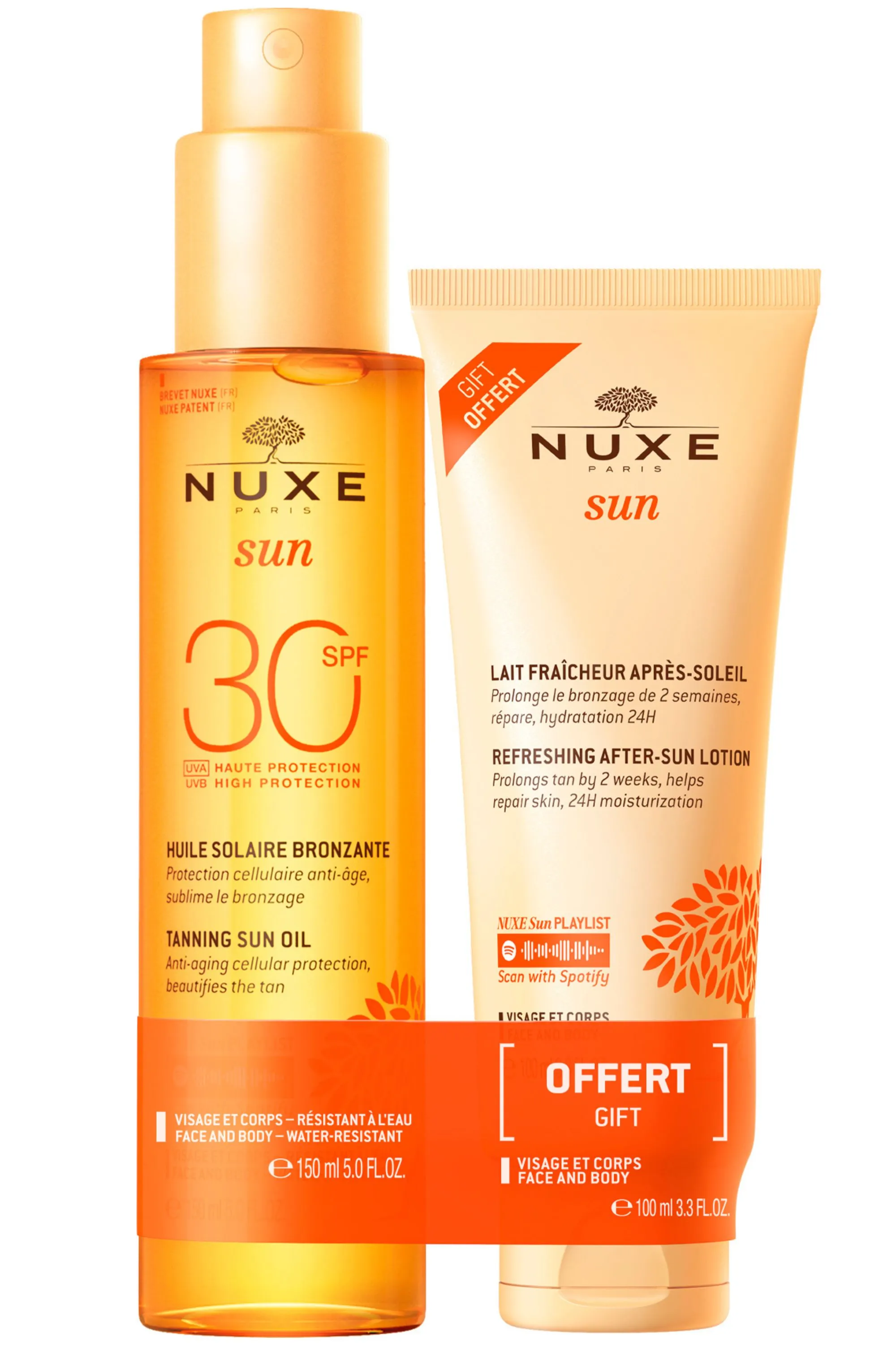 Nuxe Duo huile solaire bronzante haute protection SPF30 visage et corps & lait fraicheur après-soleil visage et corps 100ml offert-250 ml