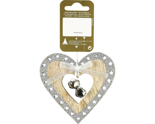Kerstdecoratie hangend hart met ster, hout, zilver