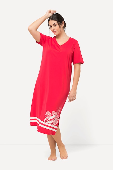 Nachthemd, Saummotiv, V-Ausschnitt, Halbarm
