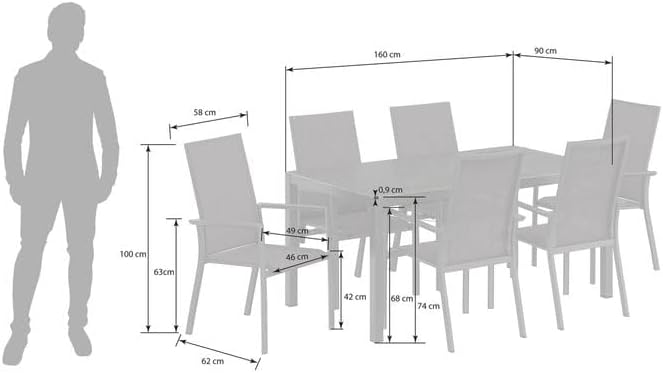 OUTLIV. Gartenmöbel Set Lucca Aluminium wetterfest 4 Hochlehner stapelbar Textilene Glaskeramik Tisch 160x90 cm anthrazit dunkelgrau