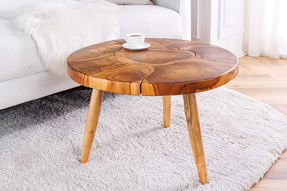 Runder Massivholz Couchtisch MOSAIK 60cm natur Teak Baumstamm handmade