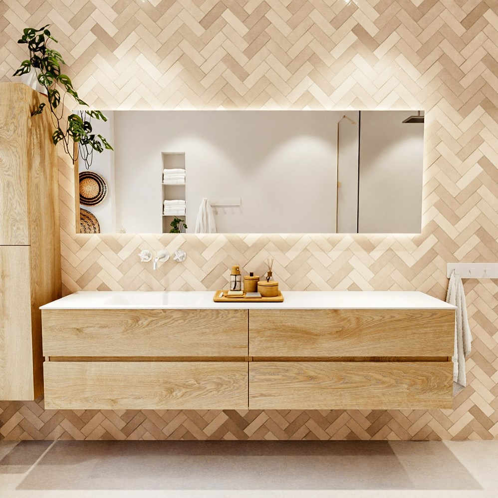 Mondiaz Vica XL badmeubel washed oak 4 lades 200cm met wastafel Cloud links zonder kraangat