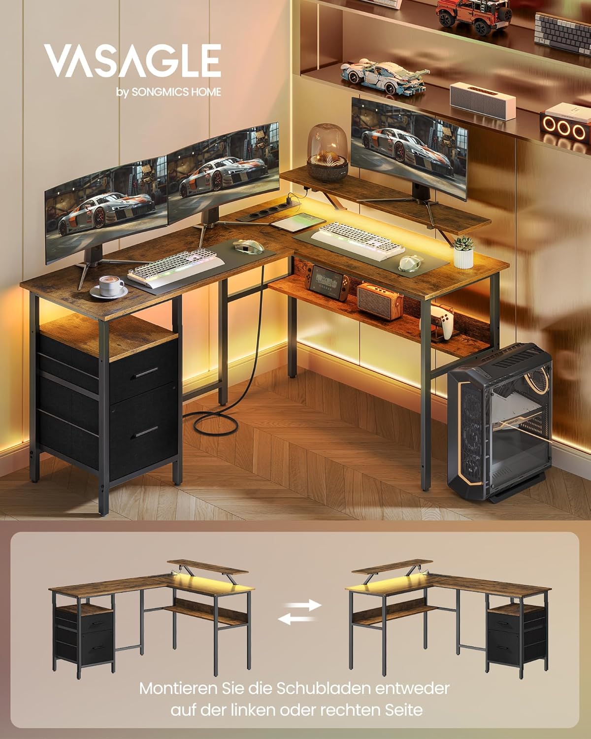 VASAGLE L-förmiger Schreibtisch mit Steckdosen, Eckschreibtisch, Computertisch, Monitorständer, Gaming-Tisch, LED-Beleuchtung, USB-Anschlüsse, 150 x 120 x 76 cm, Homeoffice, vintagebraun LWD095K01