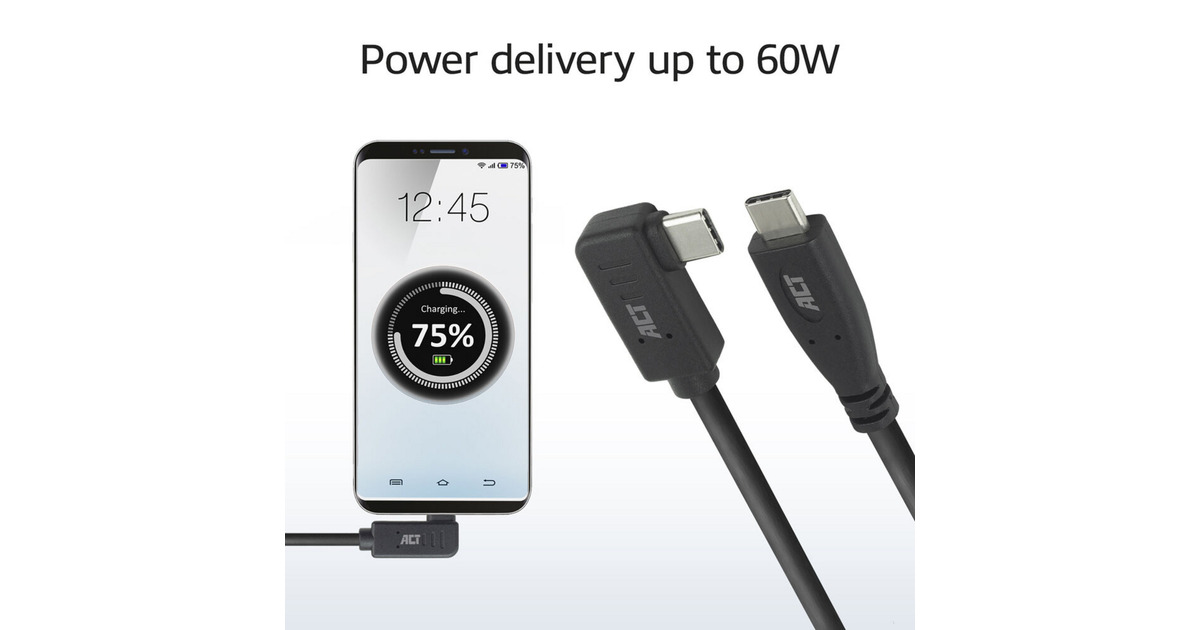 ACT ConnectivityUSB 3.0 10Gbps 60W USB Type-C® (recht) naar USB Type-C® (haaks links/rechts) kabel, 3 meter  (Zwart)