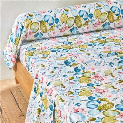 Linge de lit percale fleurs et feuilles de nénuphars multicolores
