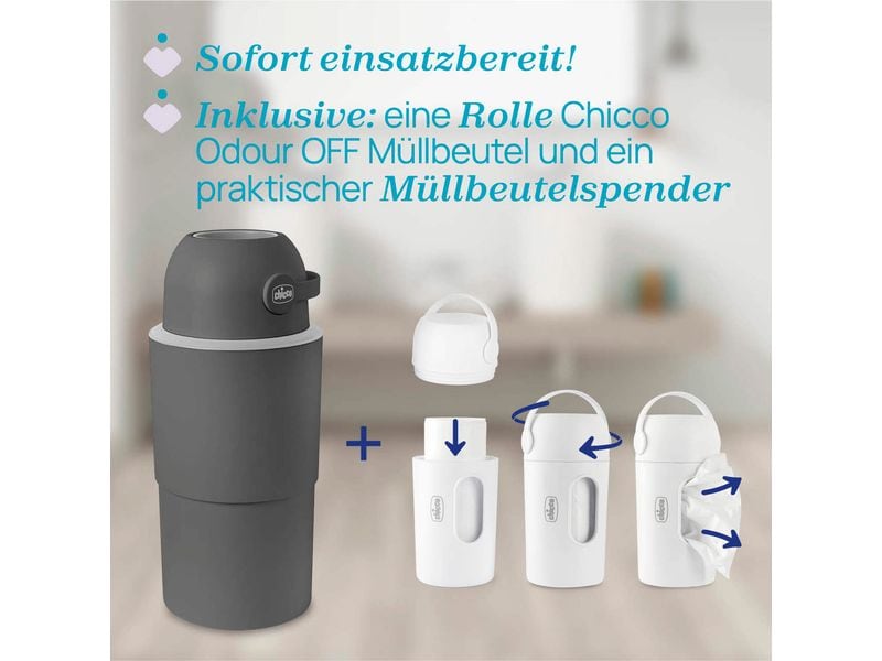 Chicco Windeleimer Odour Off XL Stone 45 l Steingrau Teleskop Windeleimer inkl. 1 Pack Müllbeutel