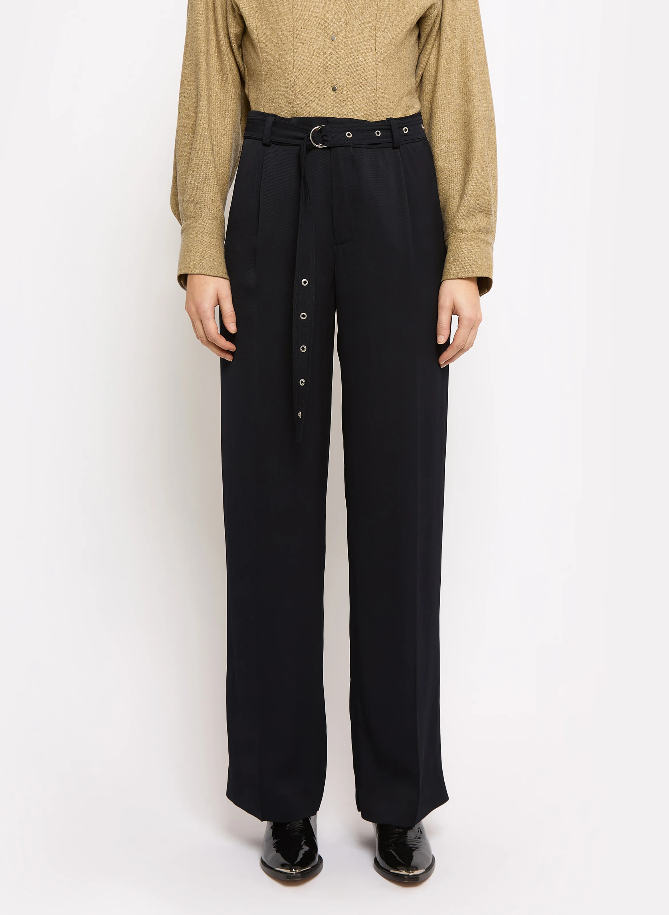 ERIN - Pantalon droit à pinces ceinturé | Bleu