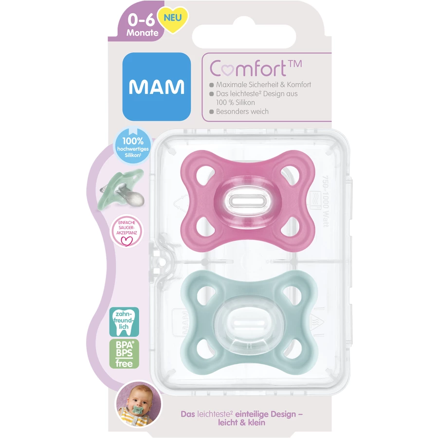 MAM Schnuller Comfort Silikon, 0-6 Mon., 2 Stk, pink + mint