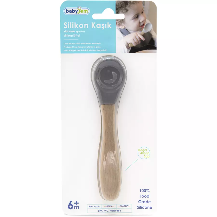 babyJem Löffel aus Silikon mit Holzgriff, grau