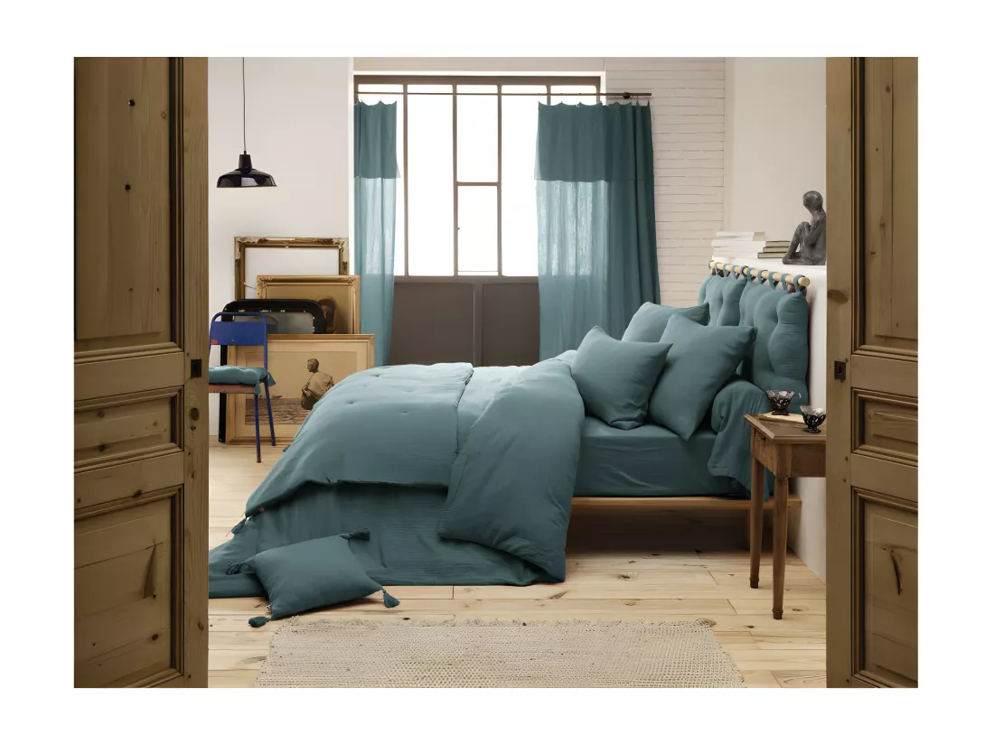 Housse de couette gaze de coton double 200 x 200 cm bleu canard - PEPA 2