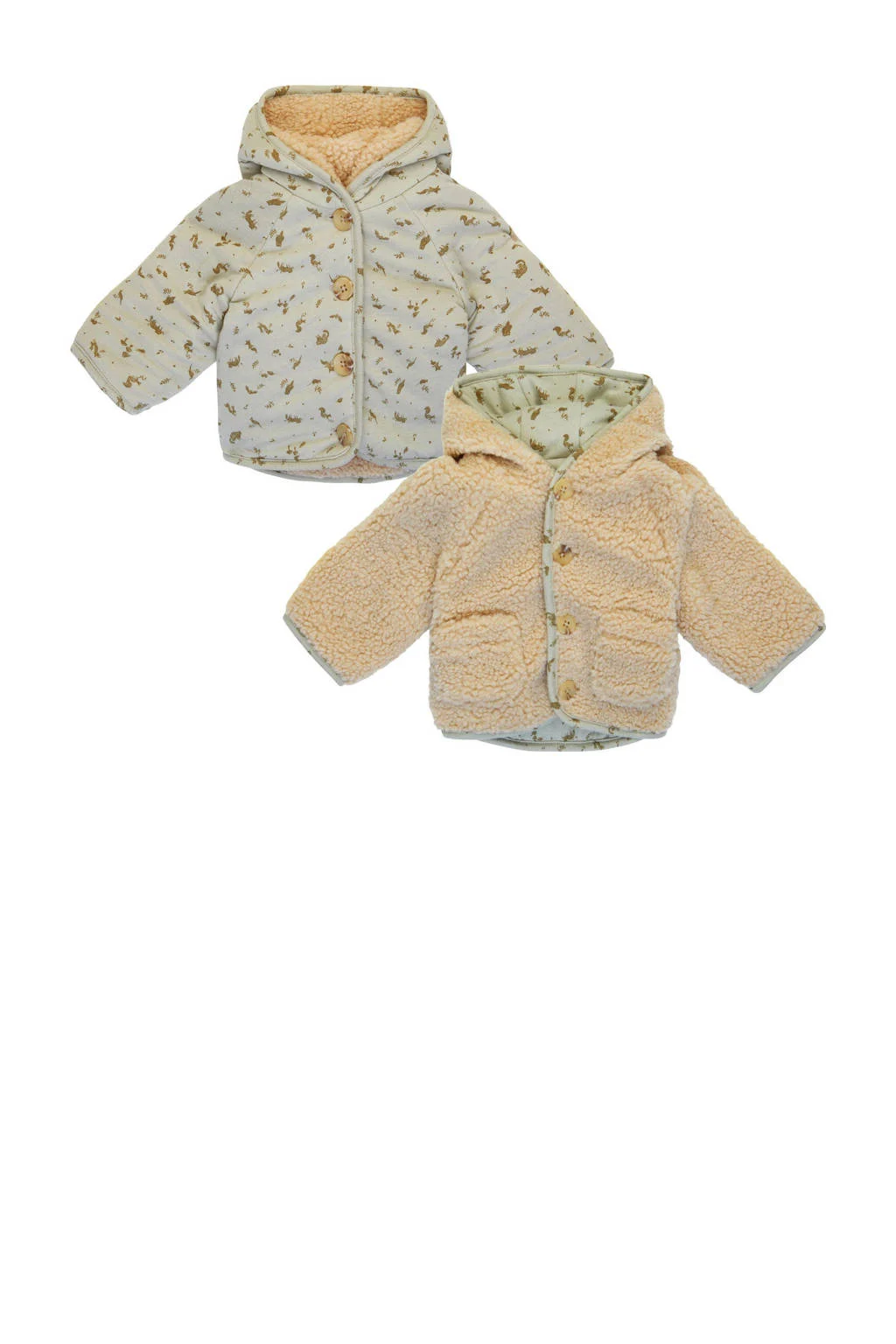 Noppies reversible teddy winterjas met all over print lichtblauw/beige