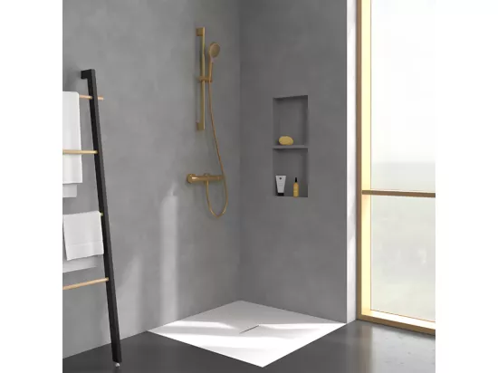 Mitigeur douche thermostatique VILLEROY ET BOCH Universal rond + Ensemble de douche Verve Showers 3 jets Or brossé