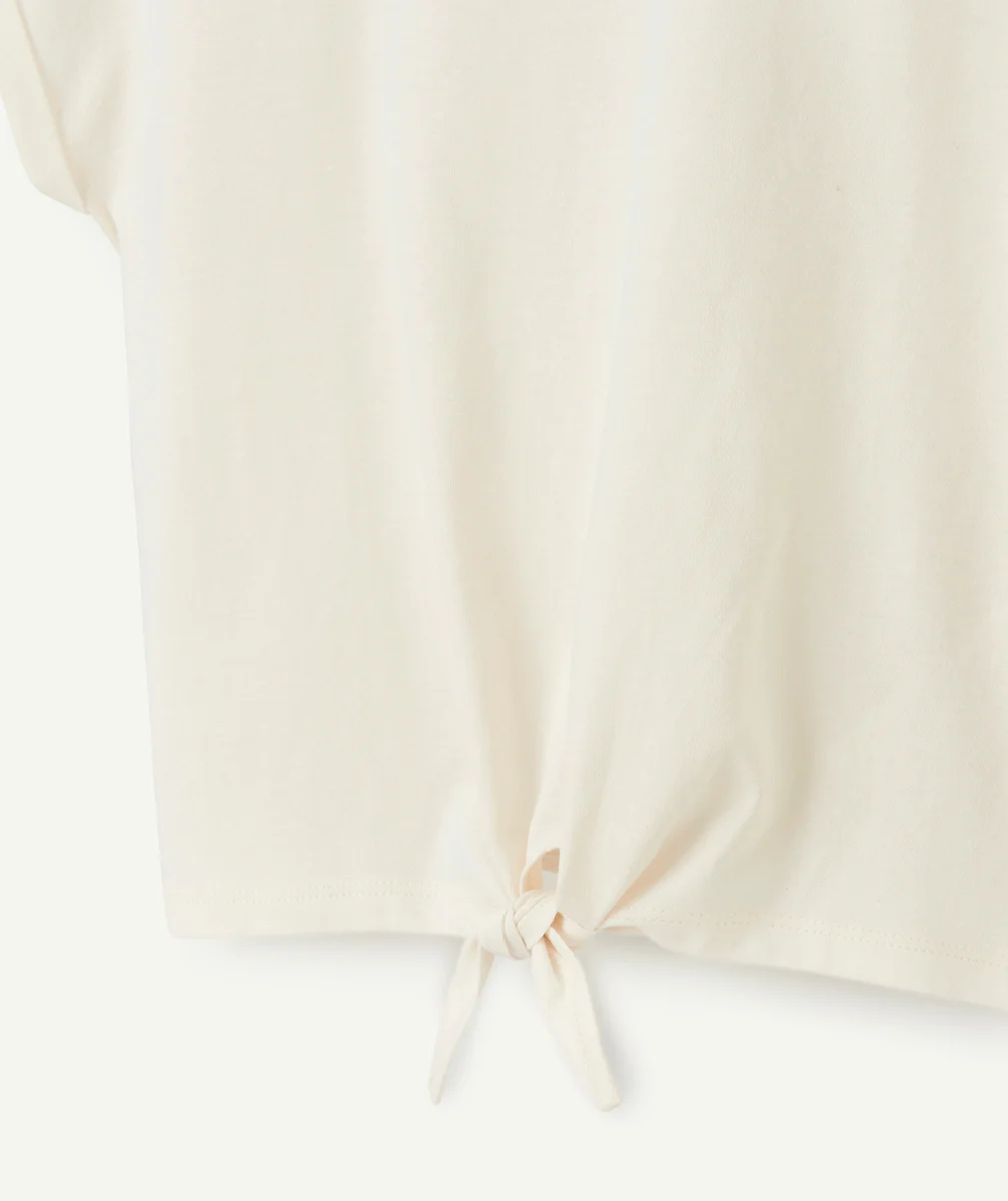 t-shirt manches courtes fille en coton bio écru avec noeud