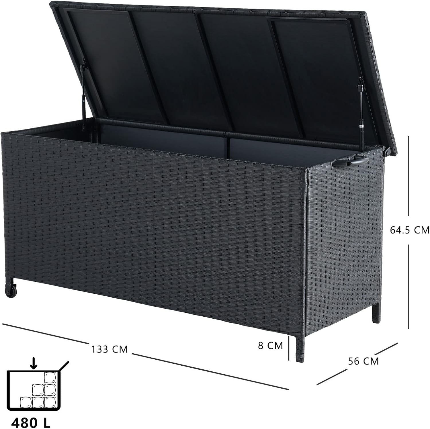 Grand patio Rattan Auflagenbox 480 Liter Gartenbox mit Deckel und Gasdruckfedern, UV-beständig Aufbewahrungskiste mit Zwei Radern, Leicht Bewegen, Kissenbox für Garten, Balkon (Schwarz)