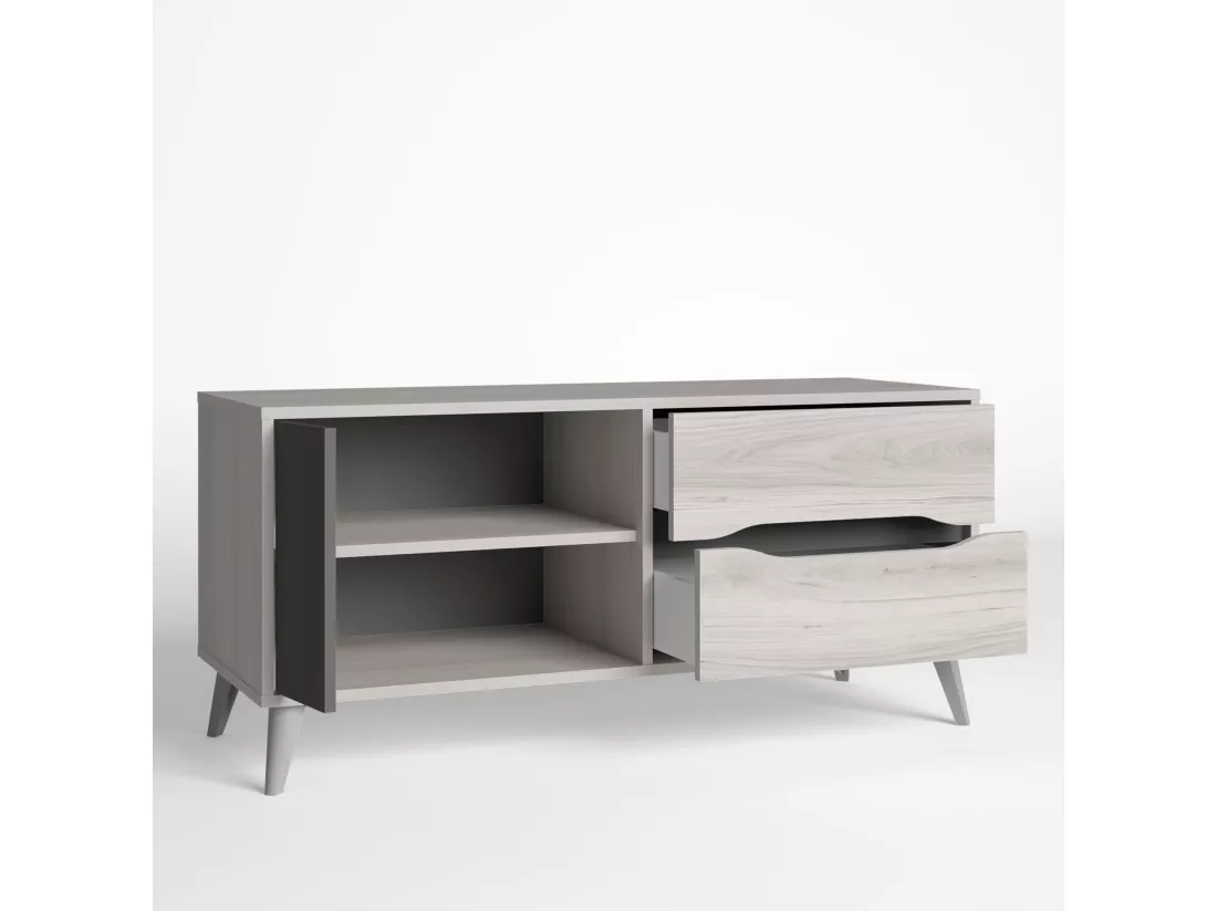 Meuble TV Salle à Manger Orly Couleur Chêne Clair et Gris, 1 Porte et 2 tiroirs