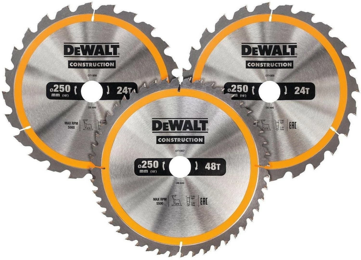 DeWALT DT1963 3 Delige Cirkelzaagbladen - 250 x 30 x 24T-24T-48T - Hout