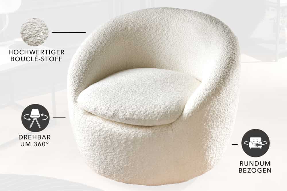 Drehbarer Design Sessel ALPINE weiß Bouclé 360° mit Armlehnen