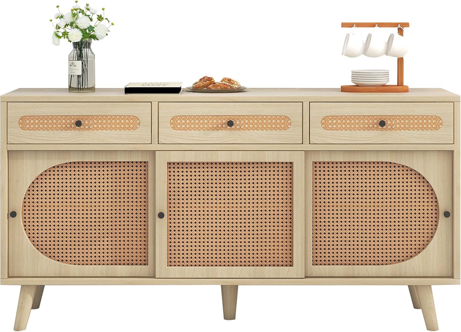 Merax Sideboard mit verstellbaren Ablagen, Modernen Kommode mit 3 Türen und 3 Schubladen, Rattan TV-Tisch mit viel Stauraum, für Esszimmer, Wohnzimmer & Schlafzimmer, 140x40x78cm, Holzfarbe