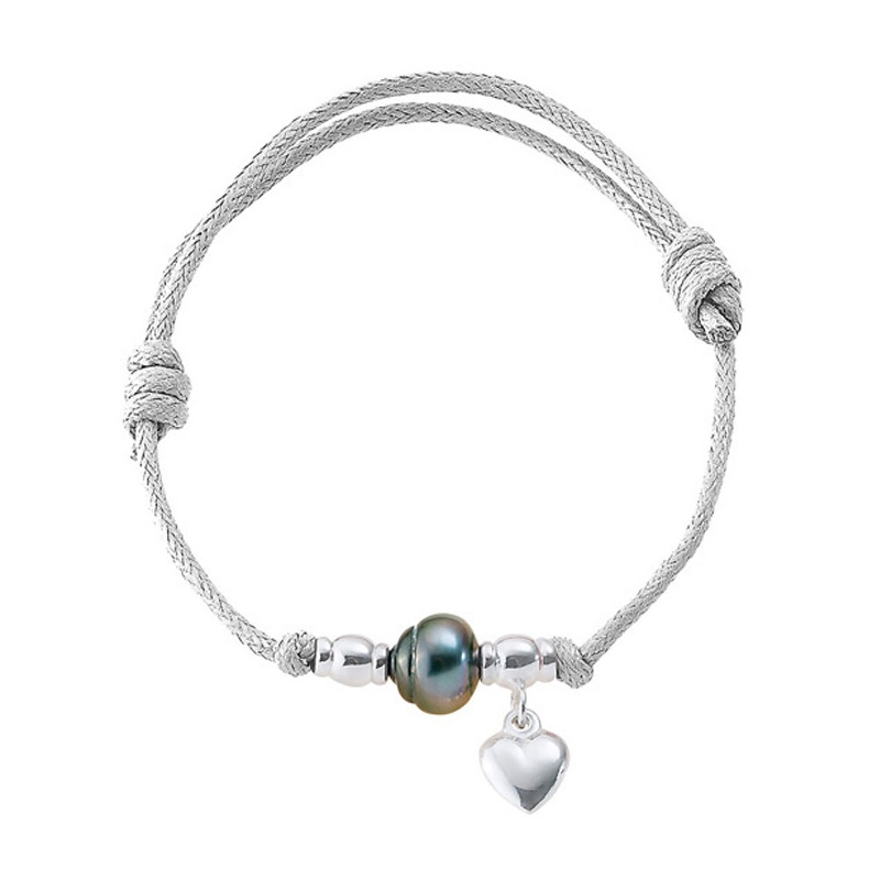 Bracelet Ajustable Femme Coeur en Argent Massif 925, Perle de Tahiti et Coton Ciré Blanc