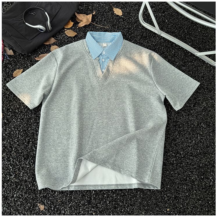 Mimiyox - Mock tweedelig T-shirt met korte mouwen en strepenkraag