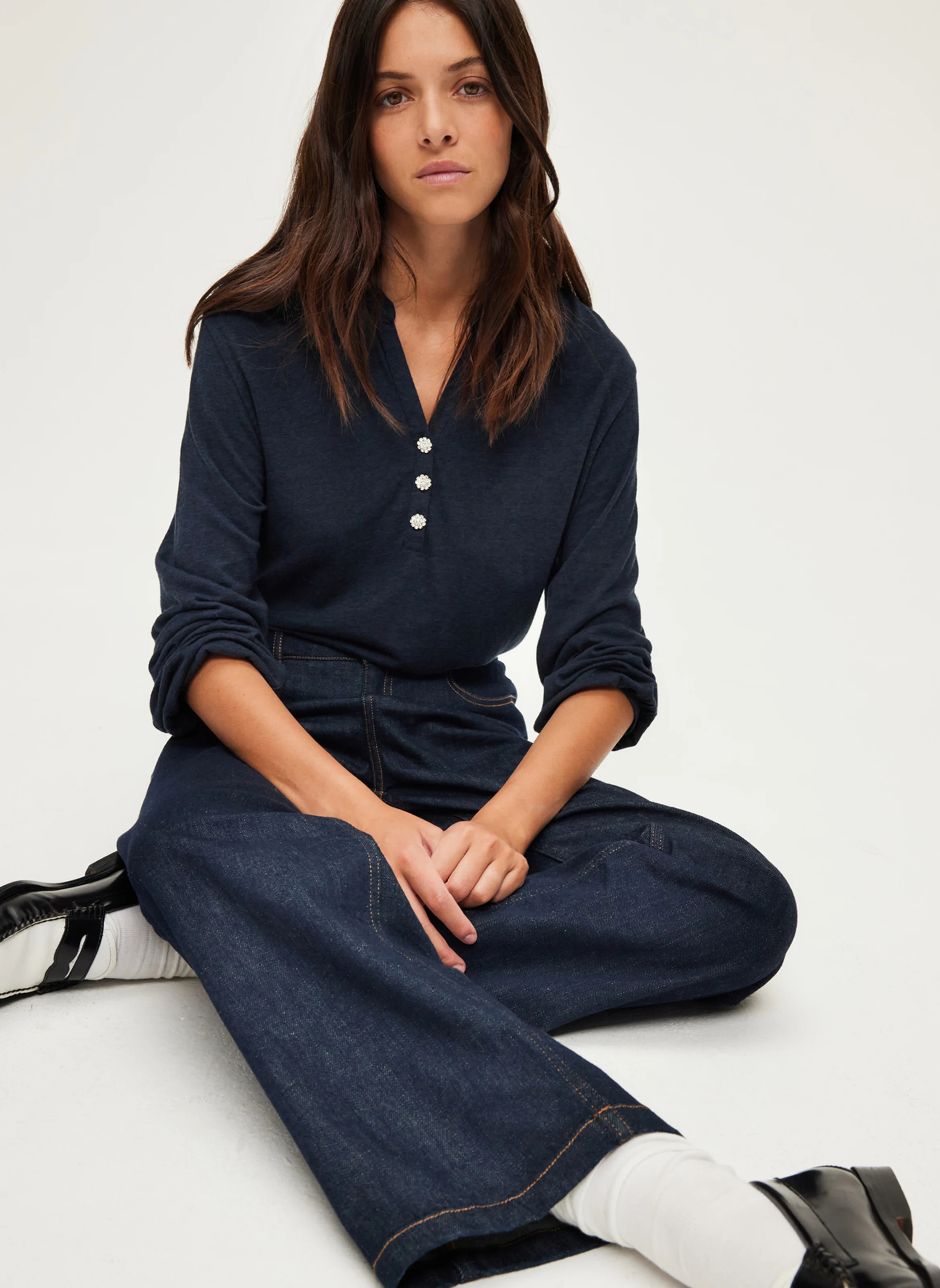 ALYS - Tee-shirt droit col tunisien en coton mélangé | Bleu