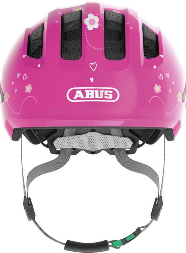 Abus Smiley 3.0 Green Buckle Cykelhjelm, Pink Butterfly Shiny