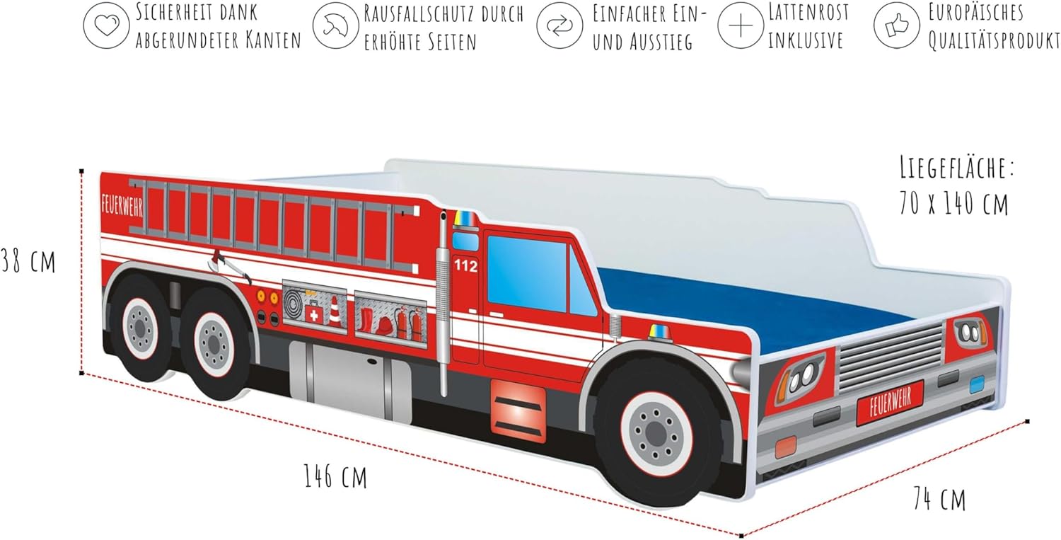 Kids Collective Autobett Kinderbett Jugendbett 70x140 | 80x160 cm mit Rausfallschutz & Matratze | Feuerwehr Feuerwehrauto Feuerwehrmann Kinder Spielbett