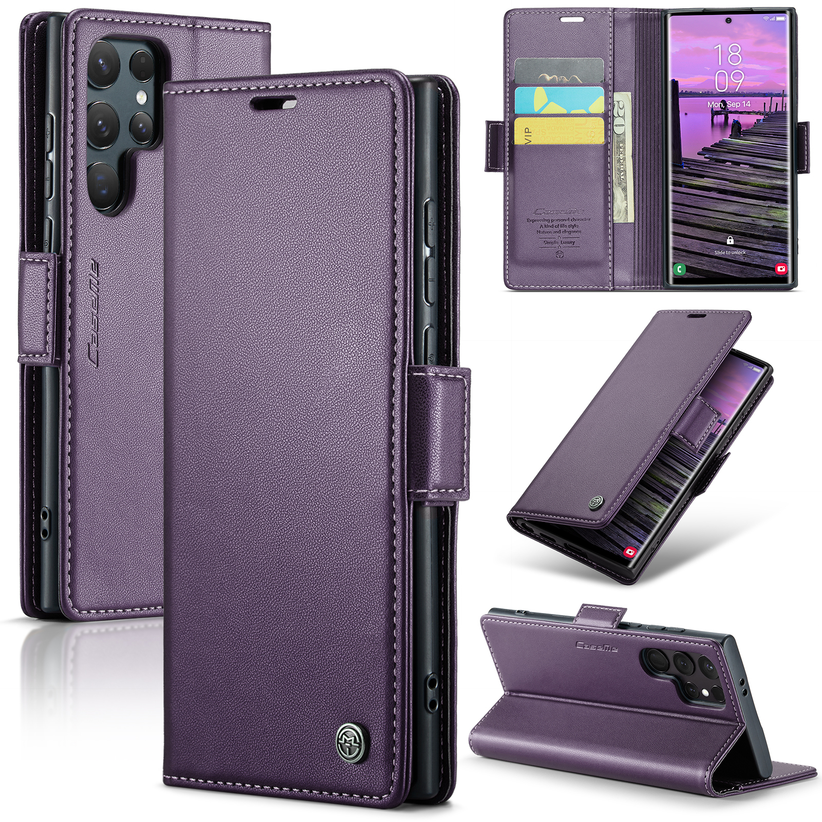 Samsung Galaxy S25 Ultra Leder Tasche Flip Wallet Etui mit Kartenfächern Litchi Look (RFID Schutz) - Violett