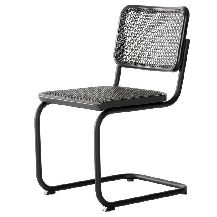 Thonet - S 32 V Stuhl, schwarz RAL 9005 / Eiche gebeizt / Rohrgeflecht mit Kunststoffstützgewebe dark melange