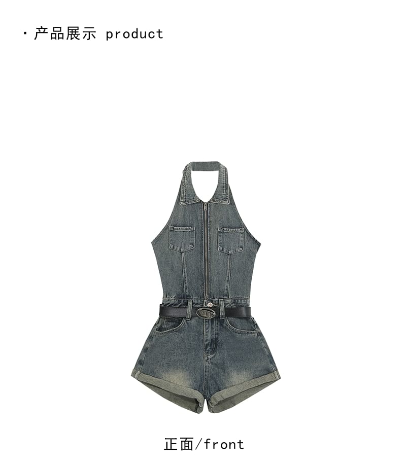 SPUCIKLEI - Gewassen denim romper met halternek en rits
