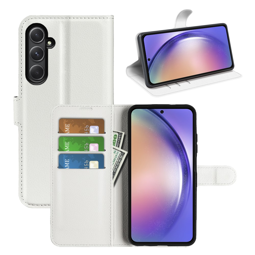 Samsung Galaxy A55 Leder Tasche Flip Cover Litchi Look - Weiss