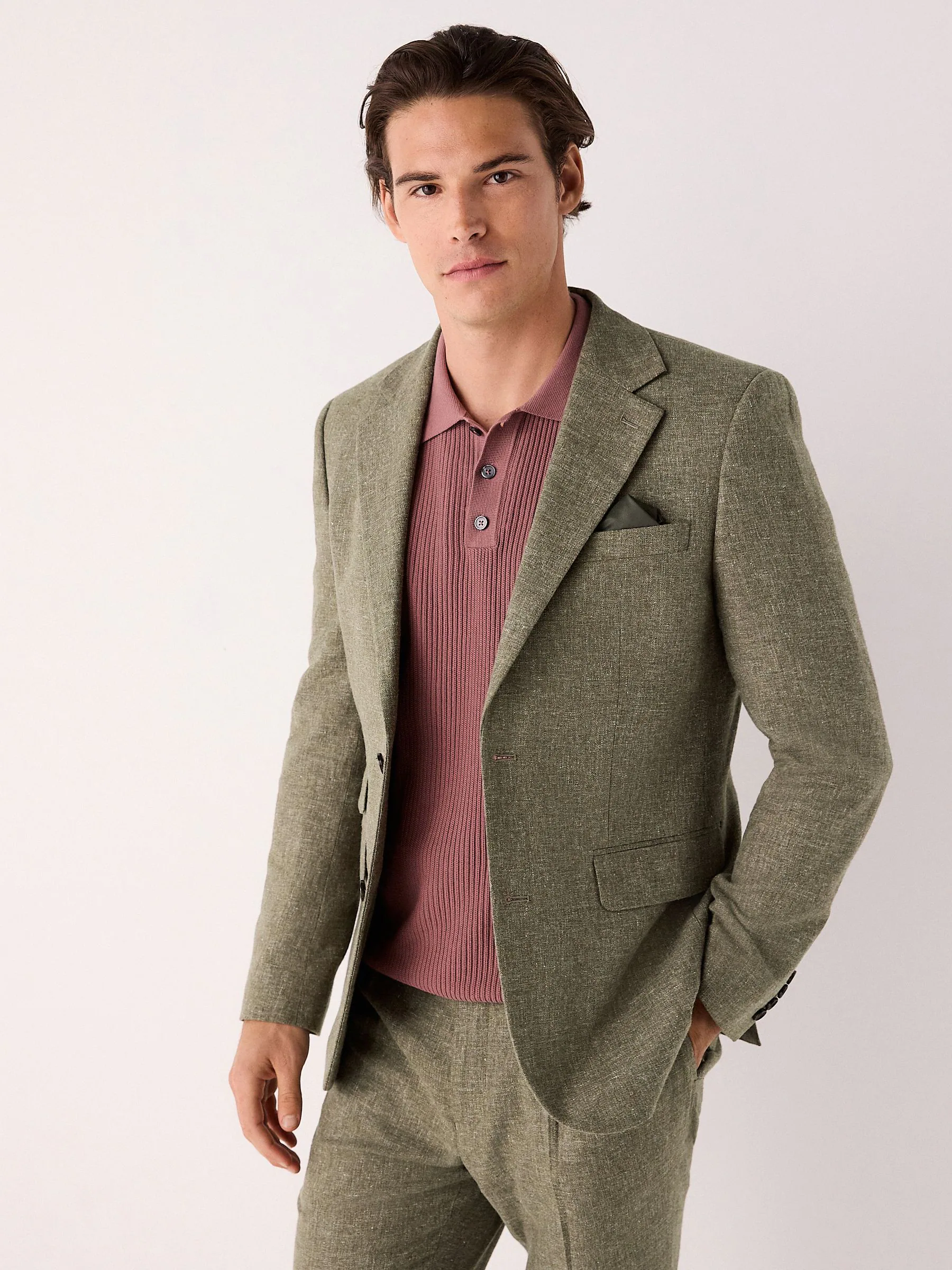 Groen - Slim-fit kostuum van linnenmix: jasje