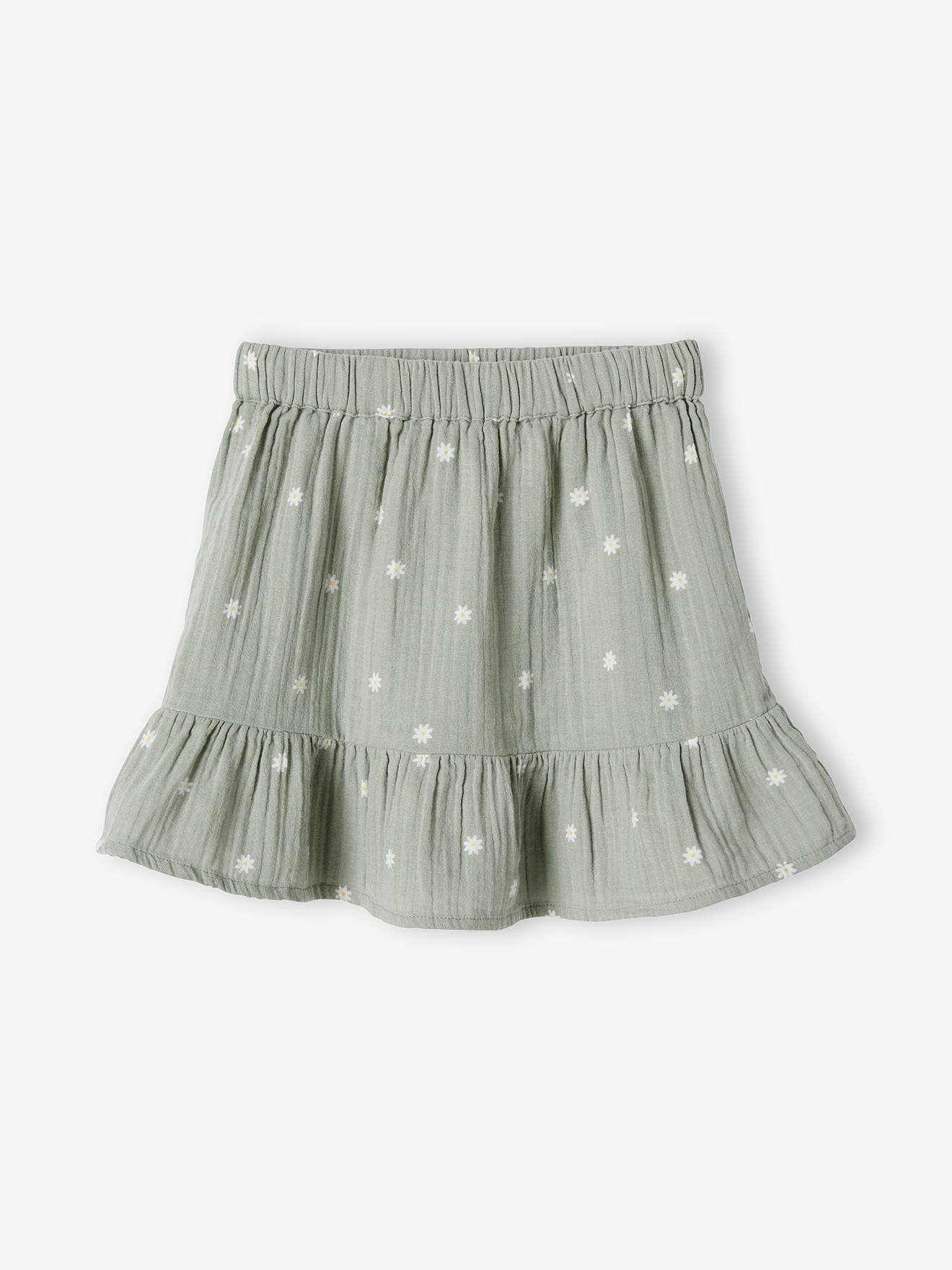 Saia de chiffon de algodão estampada para meninas, estampa verde clara.