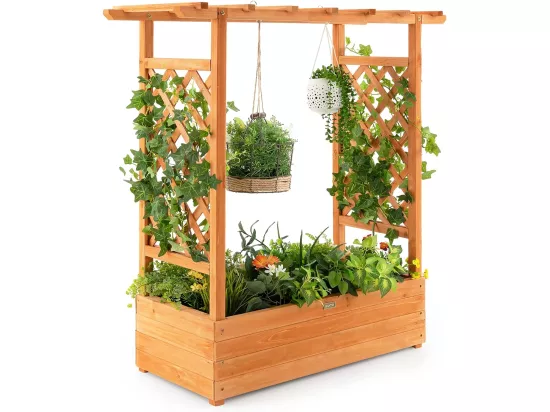 Jardinière avec 2 Treillis Latéraux Toit Suspendu en Bois de SaBois avec Trou de Drainage, Lit de Jardin pour Plante Grimpante Résistance aux Intempéries, Orange 110 x 44 x 113,5 cm