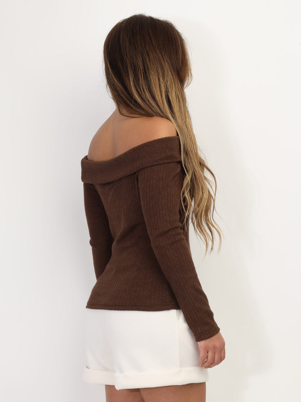 Pull bardot en maille côtelée- Marron