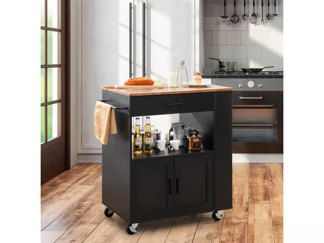 Desserte de Cuisine sur Roulettes (2 Verrouillables), Chariot de Cuisine avec Plateau en Bois et Placard, 3 Support à Épices, Chariot de Service Tiroir et Étagère Ouverte, 46x82x92 cm, Noir
