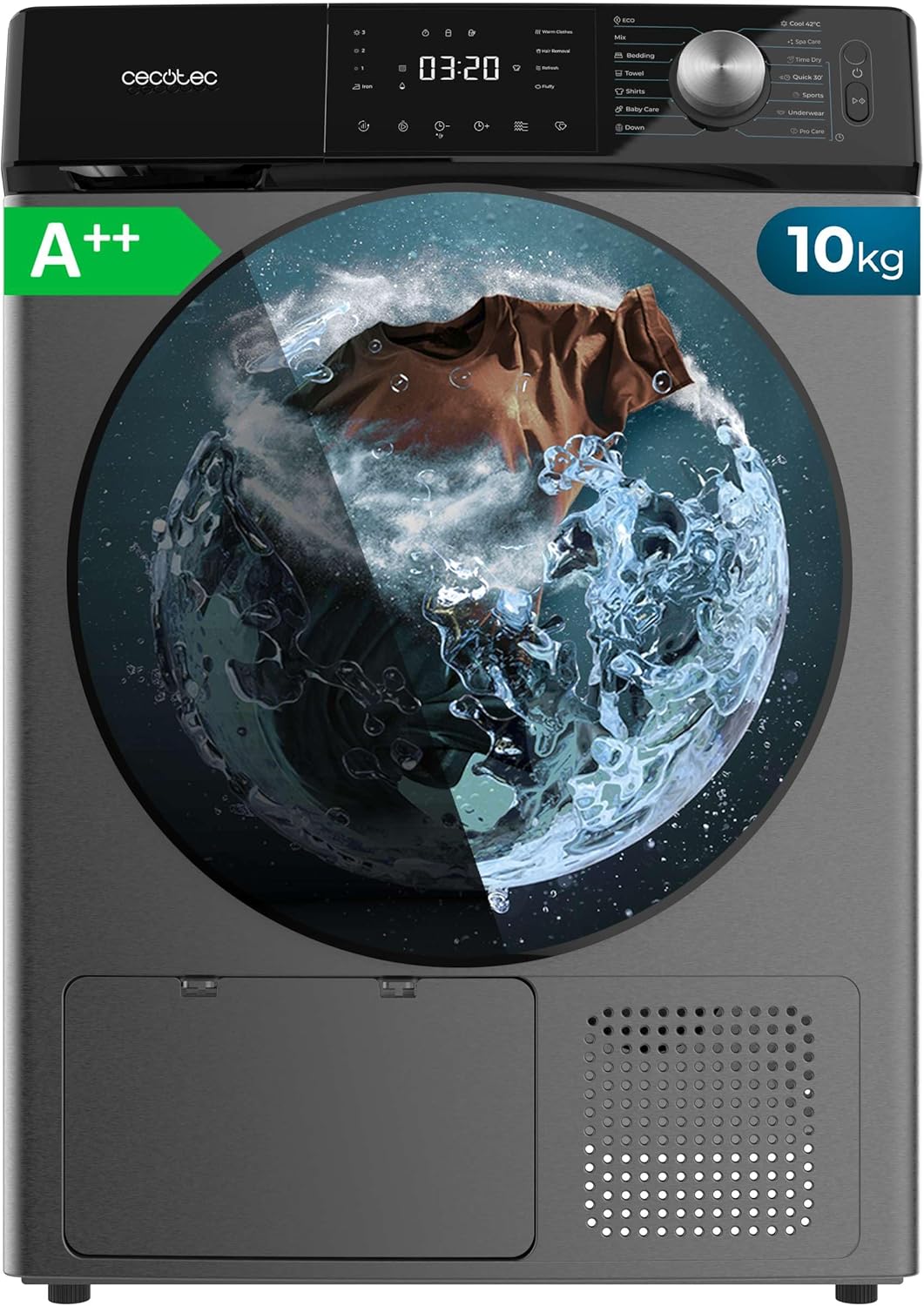 Cecotec Wäschetrockner Wärmepumpe 10 kg Bolero Dresscode Dry 10355 Steel. Äquivalente Klasse A++, 14 Programme, 4 Trockenstufen, Funktionen Stop&Go, Delay Start, KidLock und DiamondCare, Edelstahl