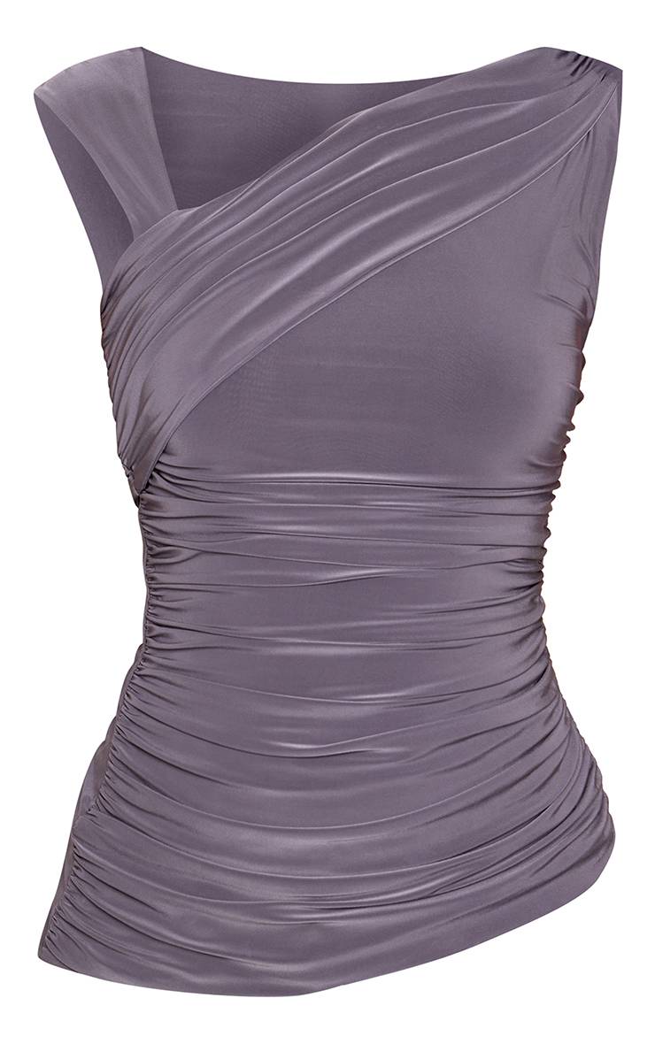 Charcoal Blue Haut Moulant À Bretelle Froncée Asymétrique